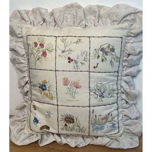 Floral Needlework Pillow 14"x 16" Garden Boho Eyelet Lace Baby Snail Bumble Bee